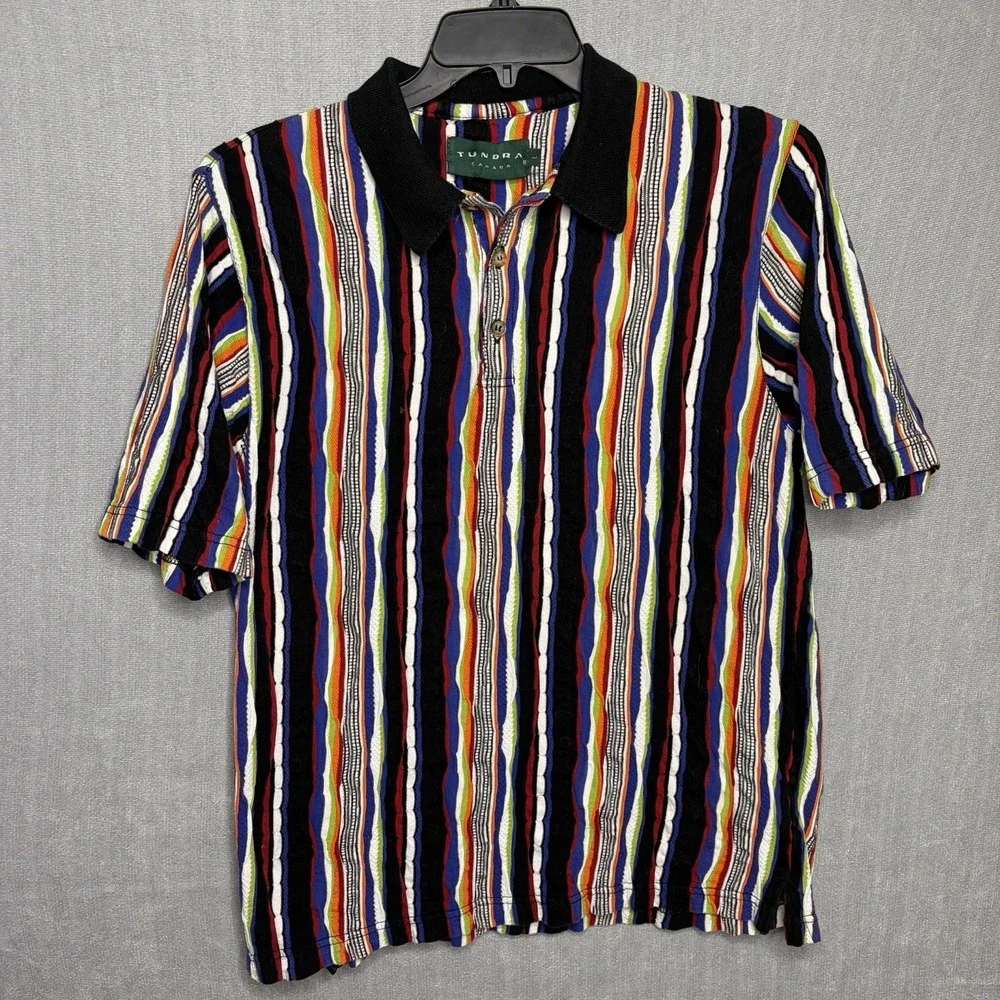 Vintage Tundra Polo Shirt Men's Large 90s Coogi Style Multicolor 3D Knit Y2k